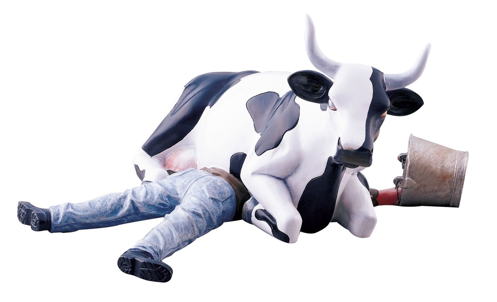 Cow Sitting on Man/ Ni Mu (medium) | Cowparade International